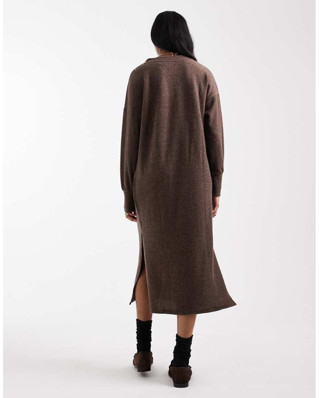 Vero Moda Brown Soft Rib Knit V Neck Midi Dress