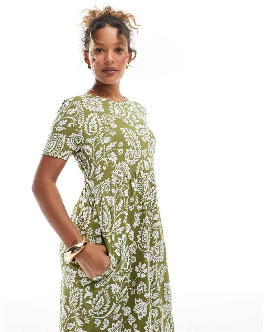 Threadbare Green Short Sleeve Jersey Midi Dress With Drop Waist
