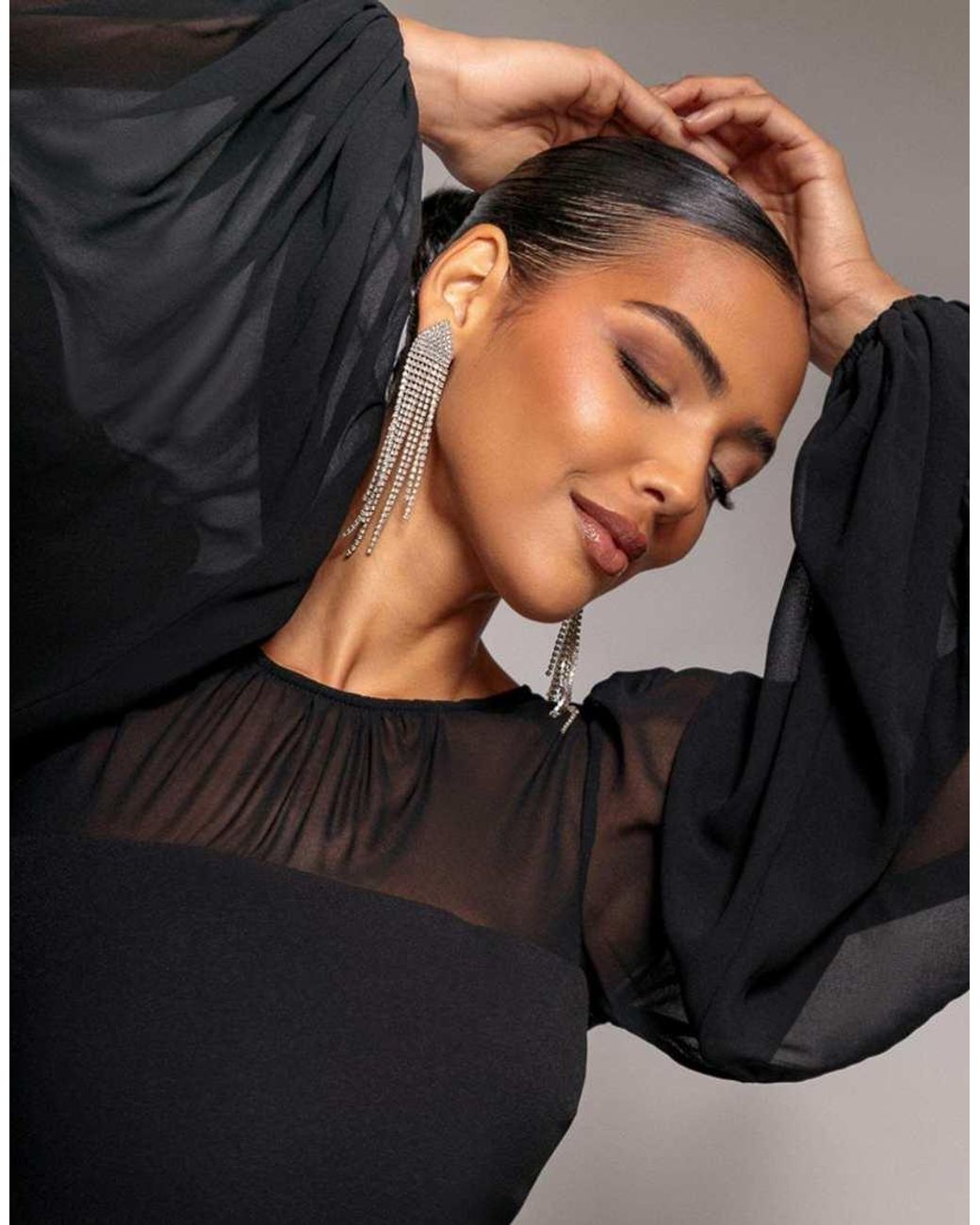Goddiva Black Bishop Sleeve Peplum Top Sculpting Stretch Jersey Crepe And Chiffon Maxi Dress