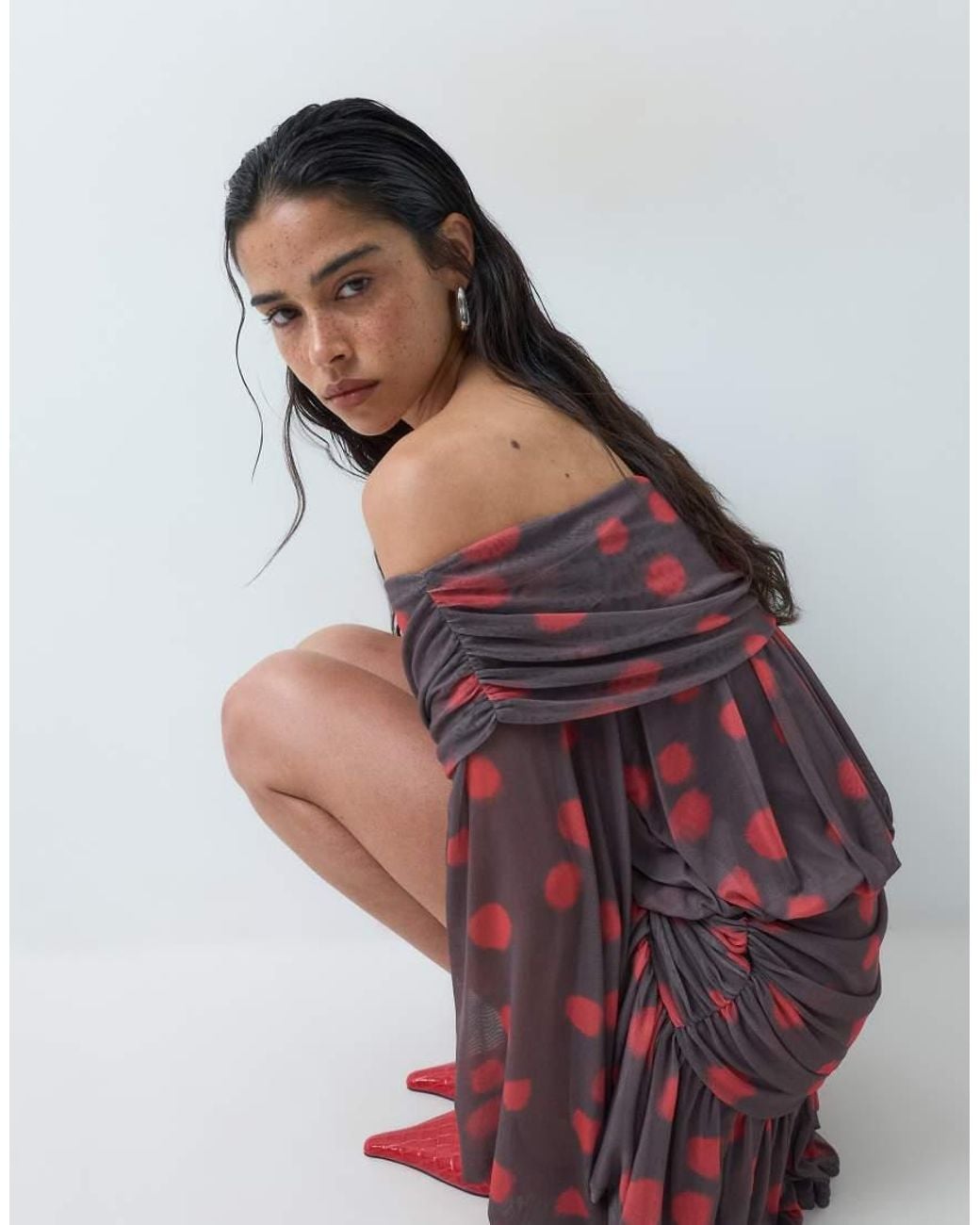 ASOS Red Printed Spot Bardot Mini Dress With Deep Plunge And extaggerated Blouson Sleeve