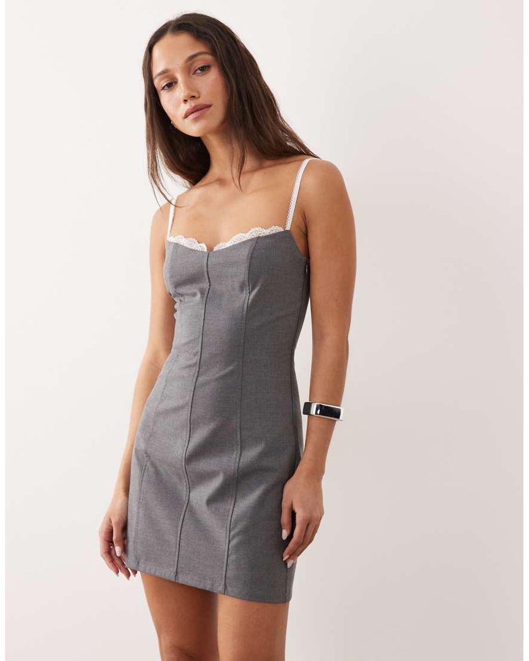 The Frolic Gray Exclusive Lace Bra Insert Detail Structured Cami Mini Dress