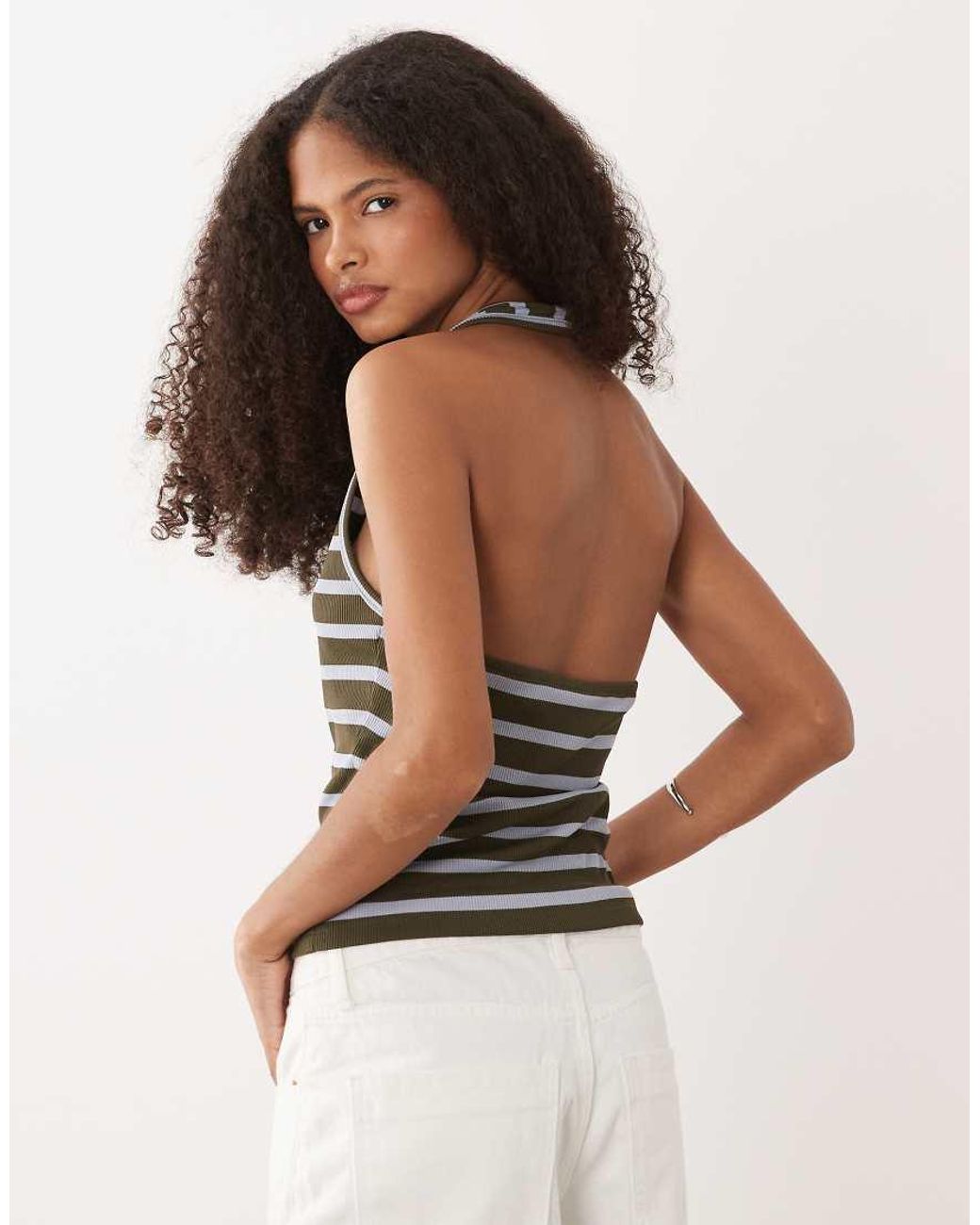 Top Allacciato Al Collo Verde E Blu A Righe Con Profili A Contrasto di ASOS in Multicolor