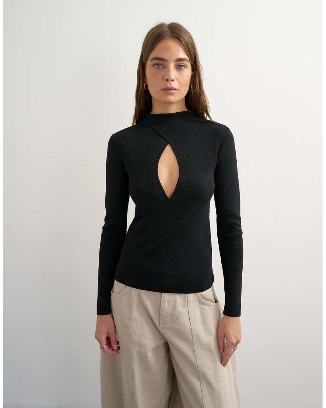 TOPSHOP Black Knitted Long Sleeve Front Drape Keyhole Top