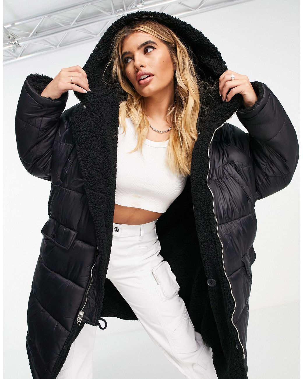 Sixth June Oversized Reversible Longline Puffer Coat With Sherpa Lining in  Black | Lyst