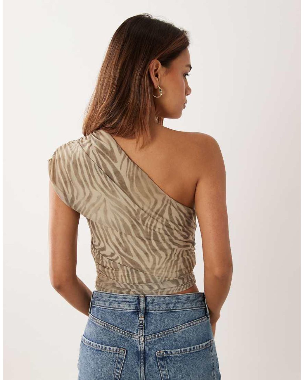 Mango Brown Mesh Asymmetric Short Sleeve Top