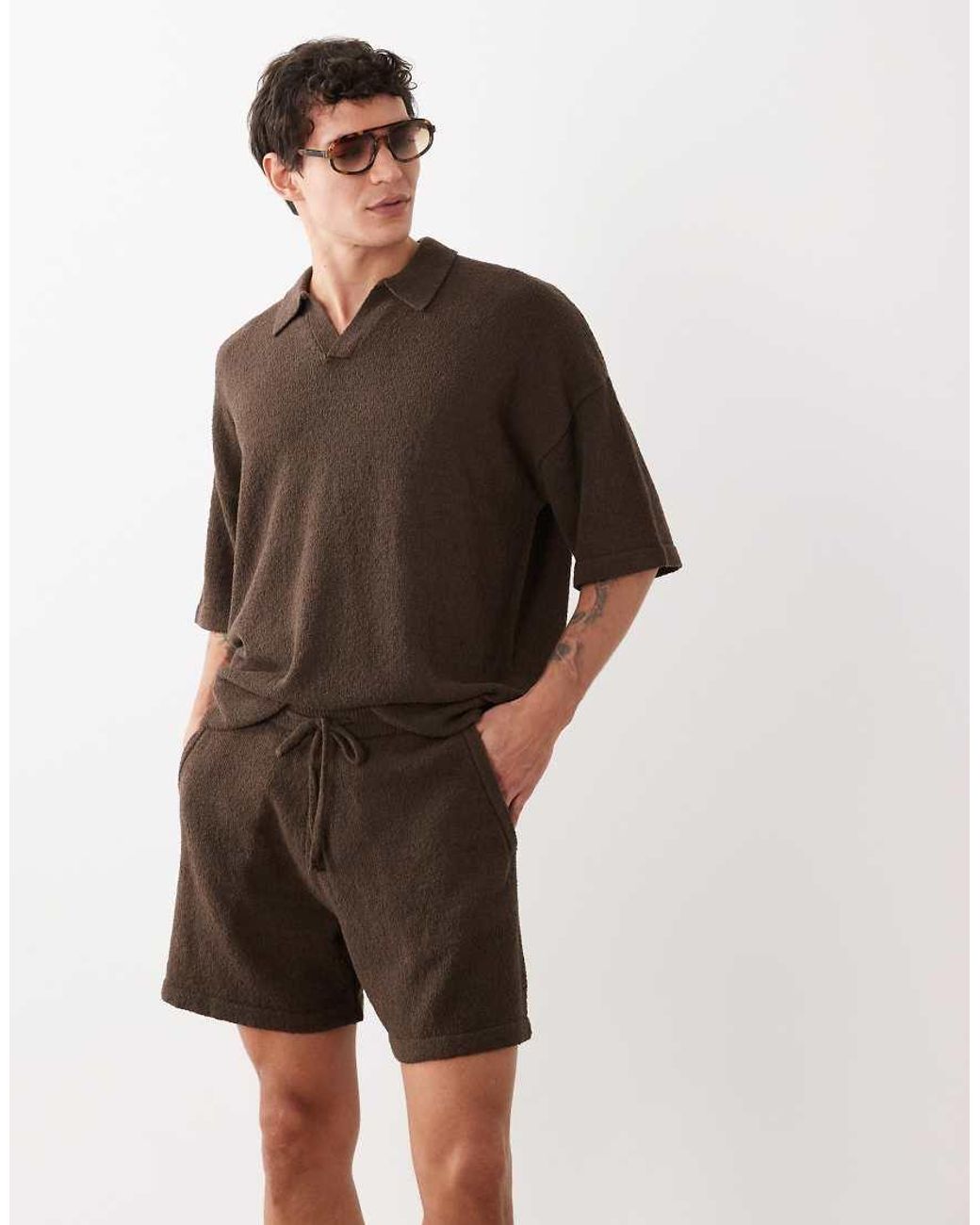ASOS Natural Wide Co-ord Knitted Boucle Shorts for men