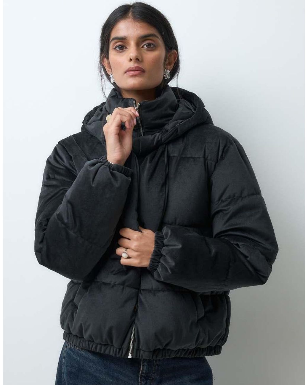 Miss Selfridge Blue Velvet Tie Neck Puffer Coat