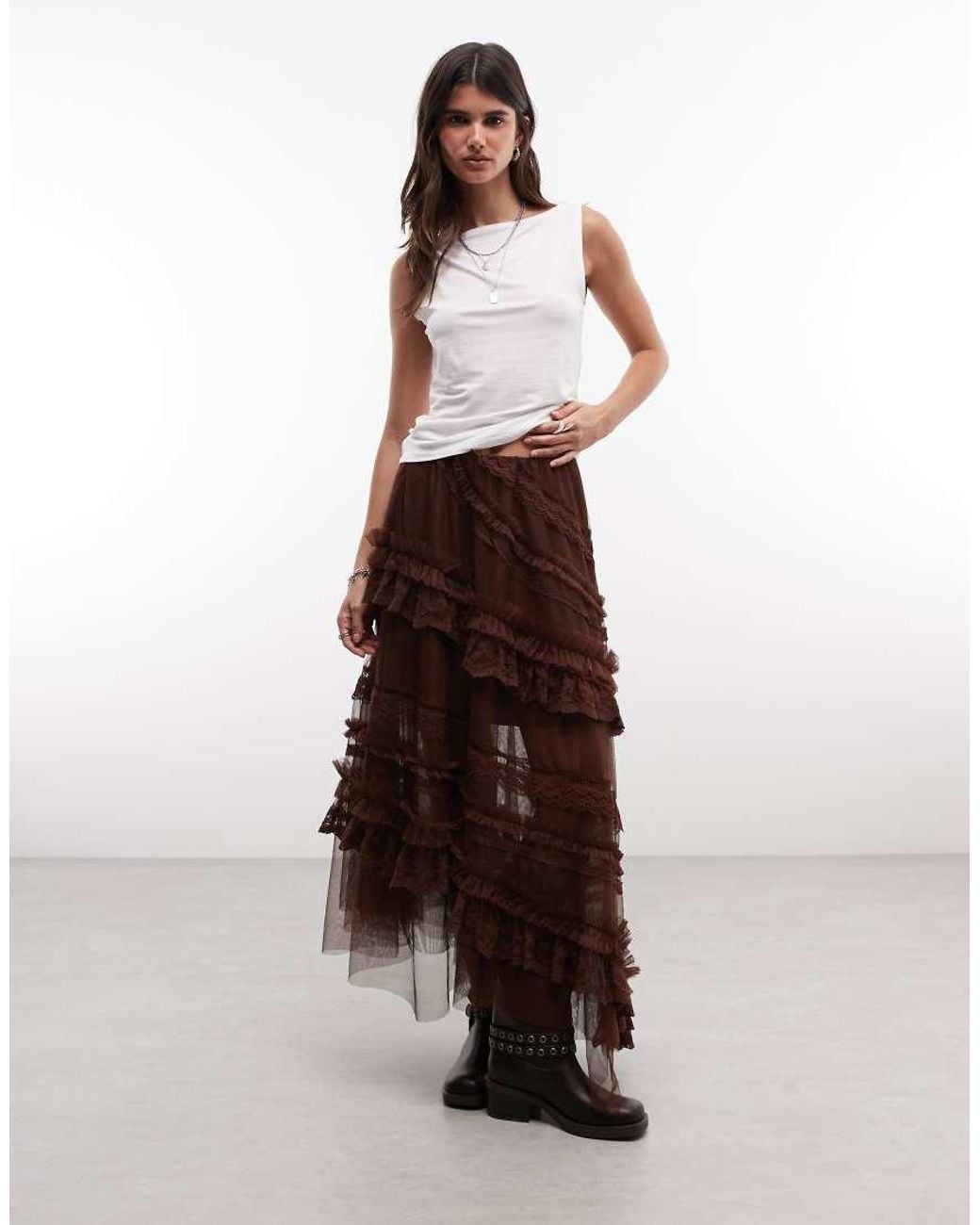 AllSaints Brown Jen Tulle Ruffle Midi Skirt