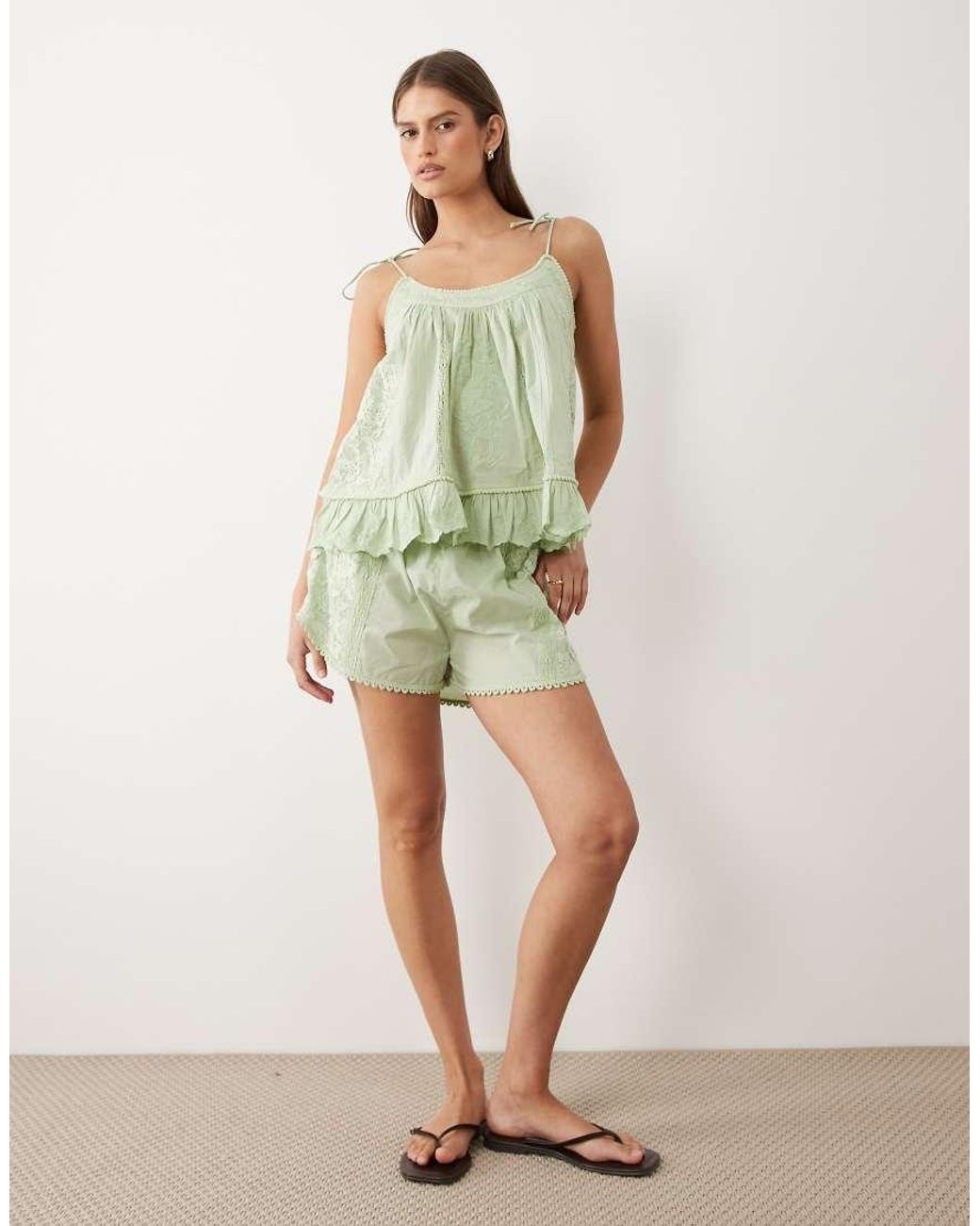 Miss Selfridge Green Embroidered Shorts