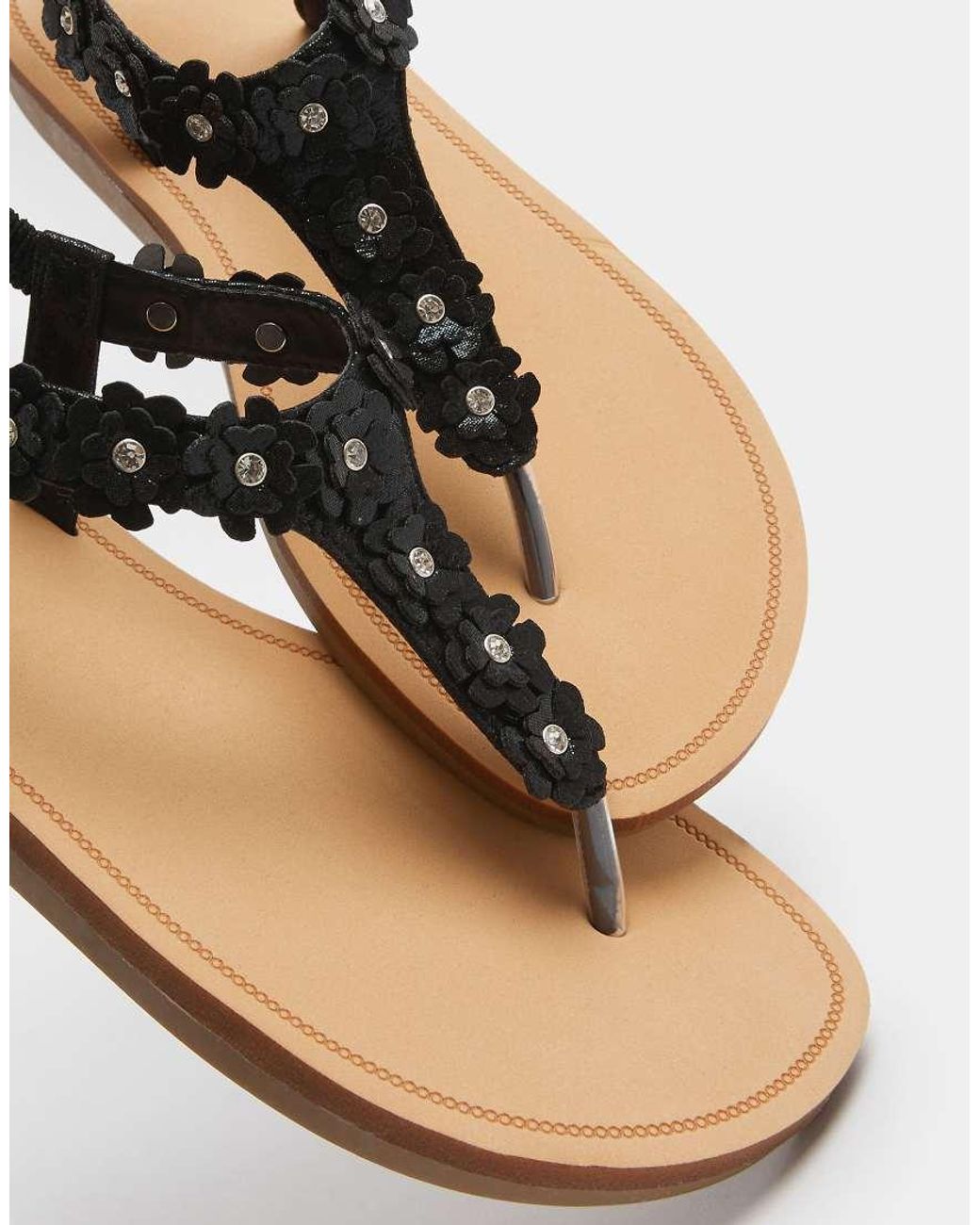 Yours Clothing Black Flower Detail Diamante Sandals