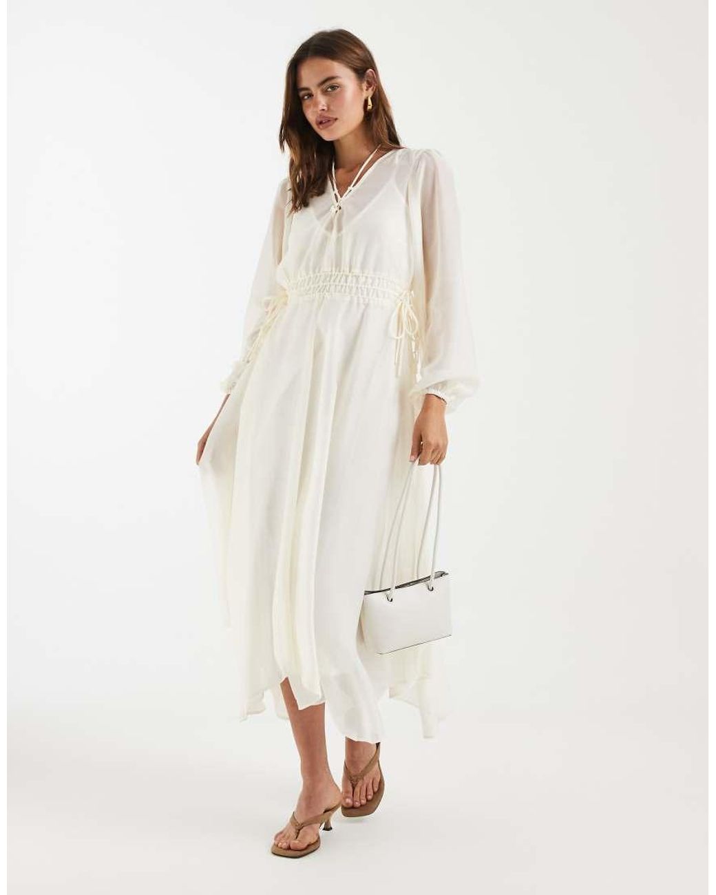 4th & Reckless White Chiffon Tie Front Balloon Sleeve Asymmetric Floaty Hem Midaxi Dress