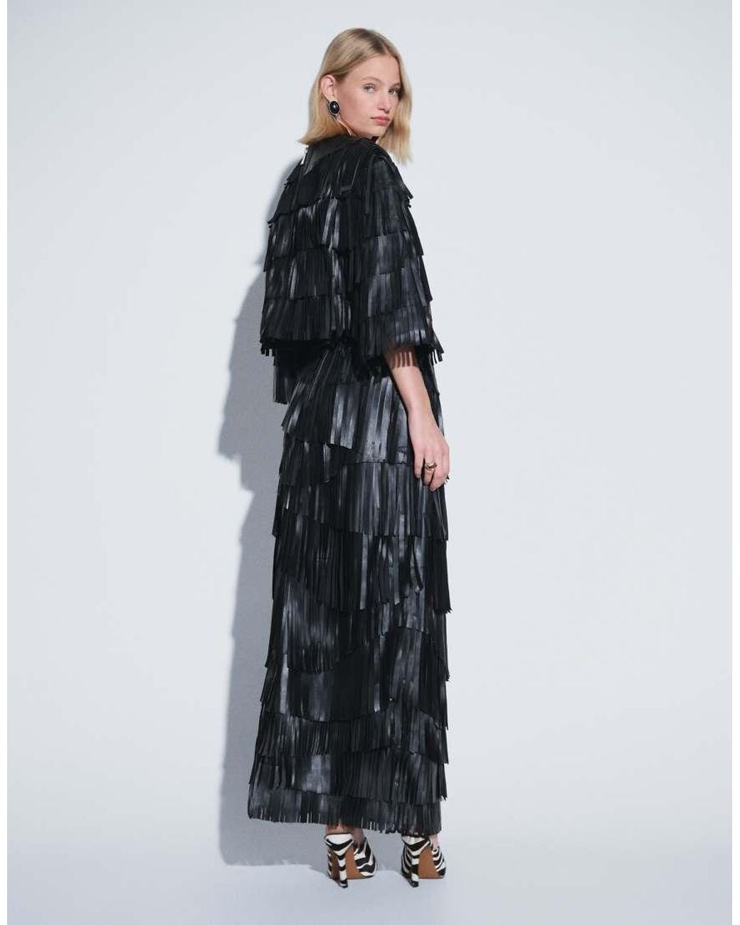 ARRANGE Blue Leather Asymmetric Fringe Midi Skirt Co-ord