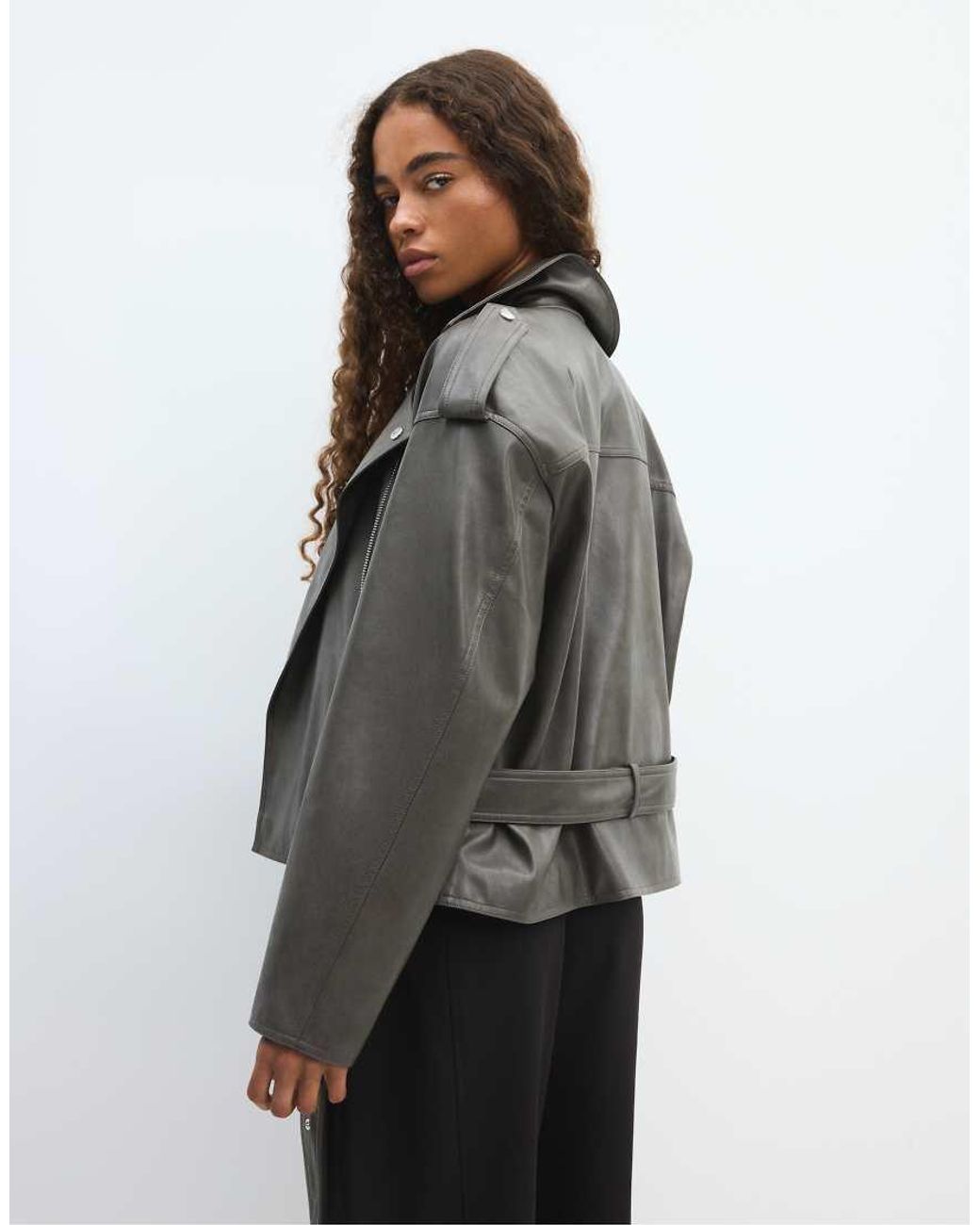 Stradivarius Black Leather Effect Biker Jacket With Belt