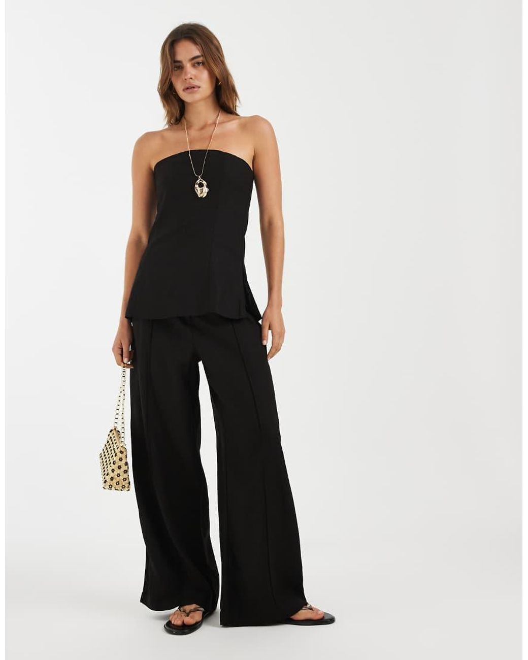 Pieces Black Linen-mix Bandeau Longline Top