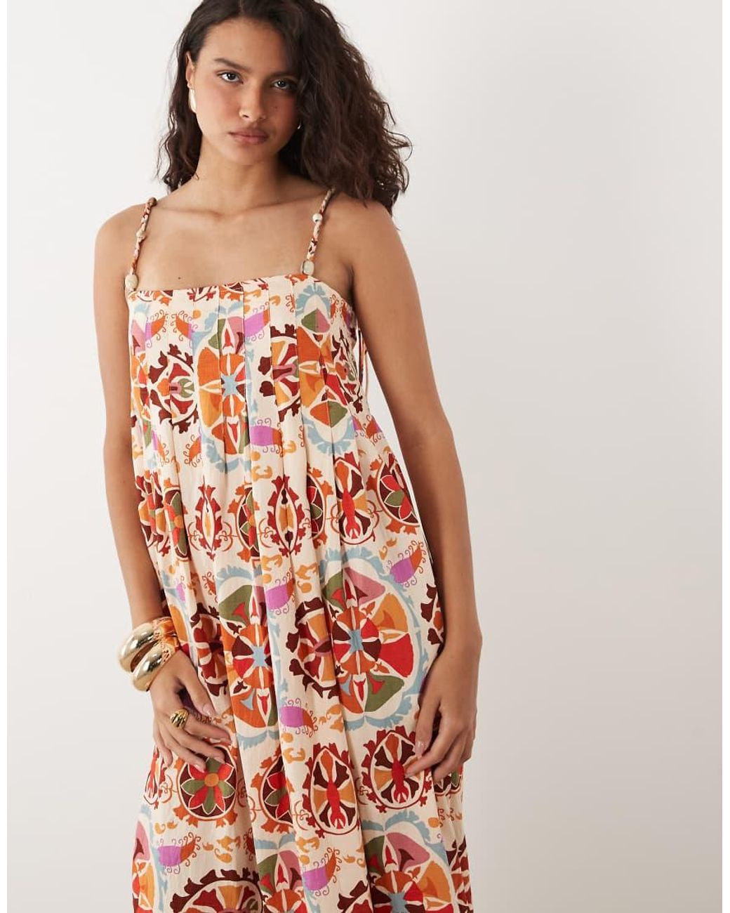 Vila Pink Beaded Strap Pleated Cami Maxi Dress