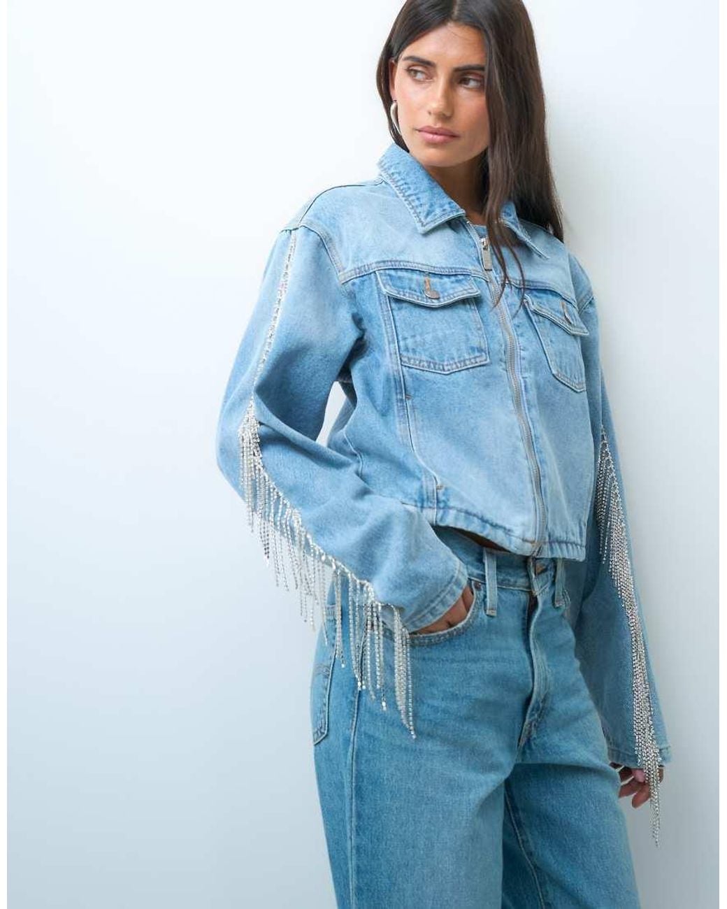 Liquor N Poker Blue Fringe Detail Denim Jacket Co-Ord