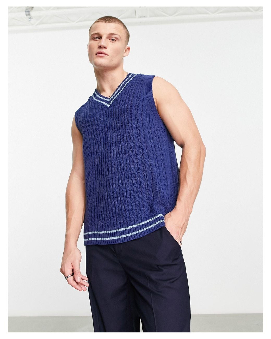 ASOS Cable Knit Cricket Tank in Blue for Men | Lyst