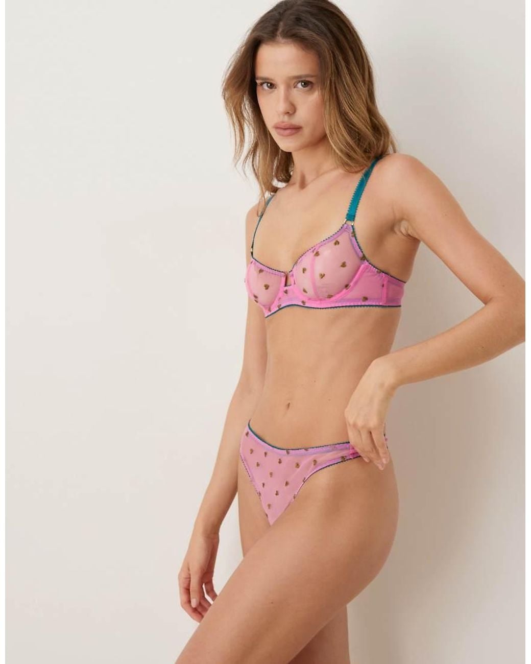 Dora Larsen Pink Elfie Tulle Heart Embroidered Thong