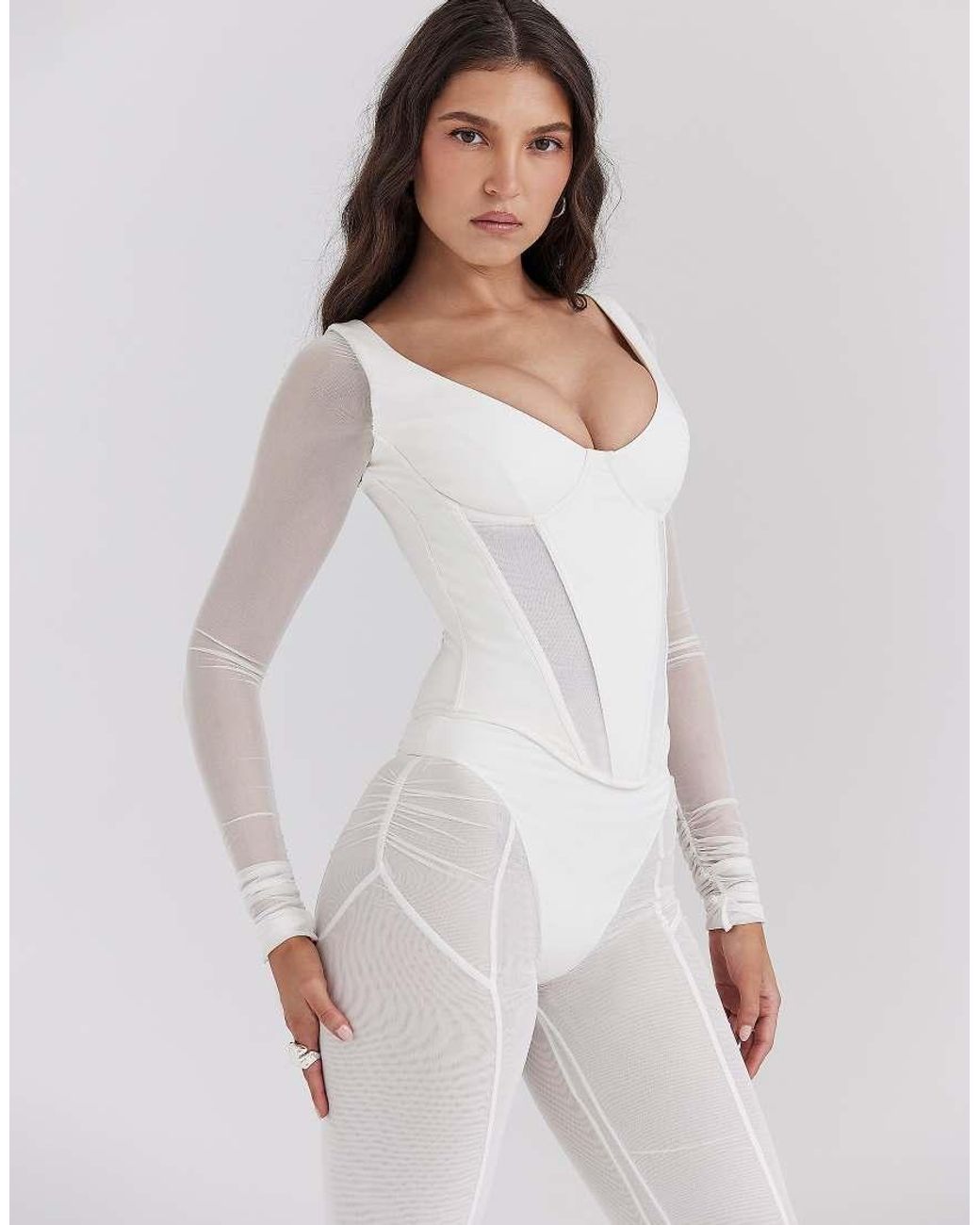 House Of Cb White Araminta Long Sleeve Mesh Corset
