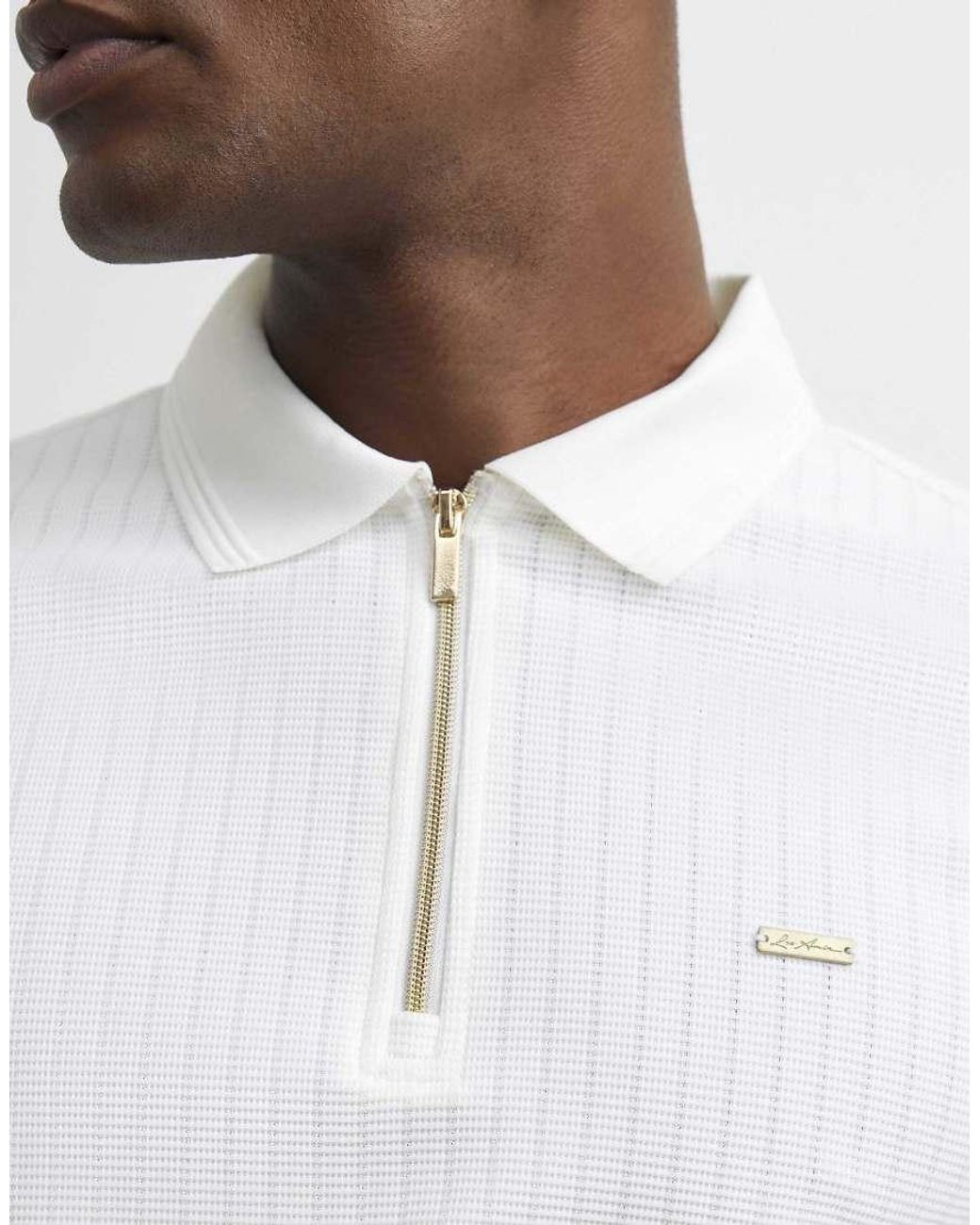 River Island White Muscle Fit Textured Zip Polo Shirt for men