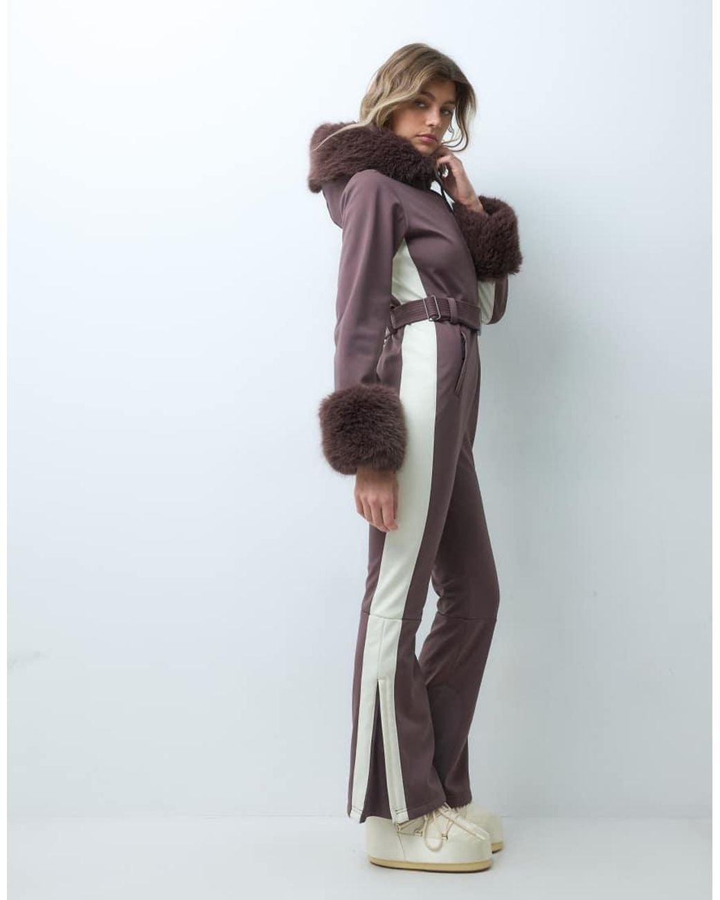 ASOS 4505 Ski & Snow Brown 4505 Ski Soft Shell Belted Ski Suit With Side Stripe And Faux Fur Trim