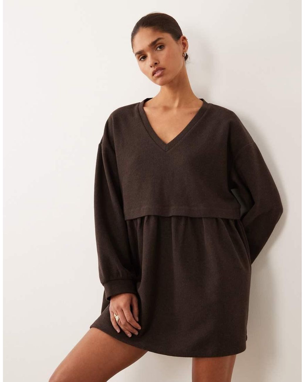 Miss Selfridge Brown V-neck Brushed Rib Mini Smock Dress
