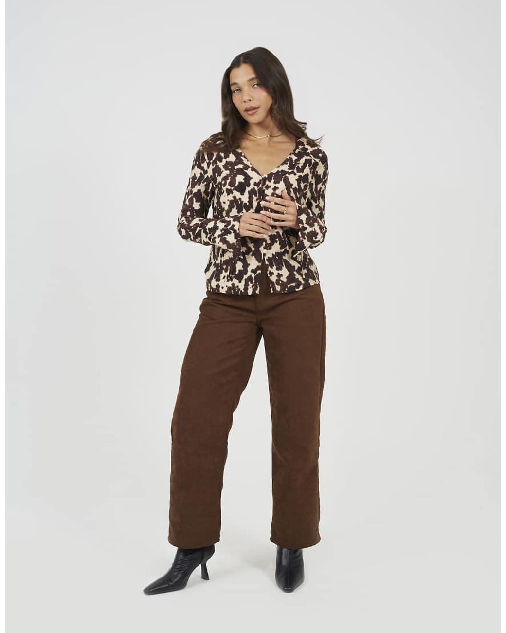 Brave Soul Brown Cow Print Long Sleeve Collared Blouse