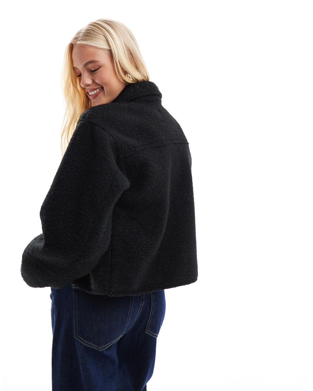 ONLY Blue Boxy Zip Through Boucle Jacket