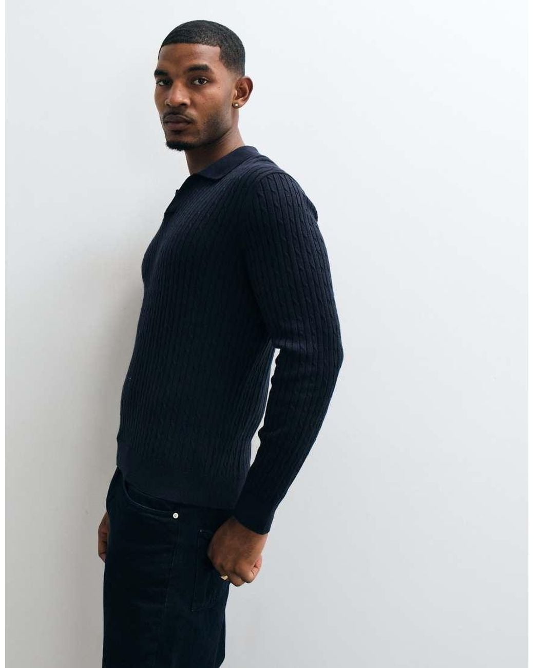 Mango Blue Knitted Revere Collar Sweater for men