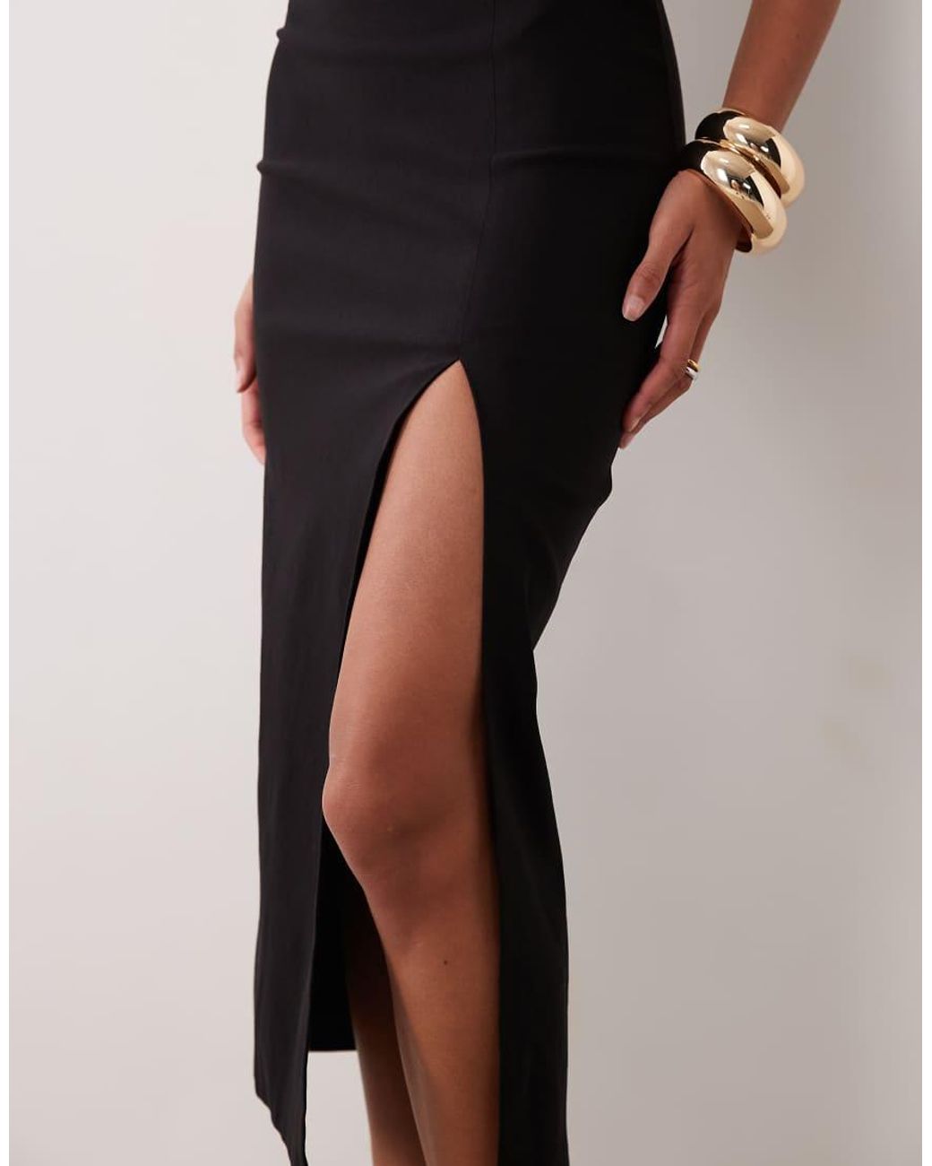 Vesper Black Bengaline Halterneck Thigh Split Midi Dress