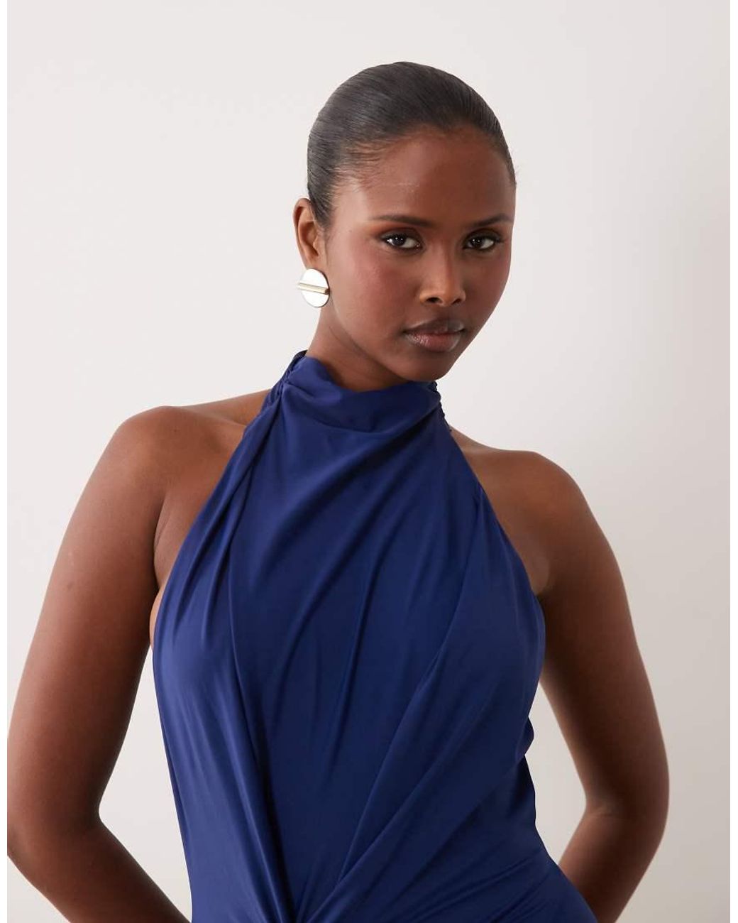 ASOS Blue Sculpting Jersey High Neck Drape Ruffle Maxi Dress
