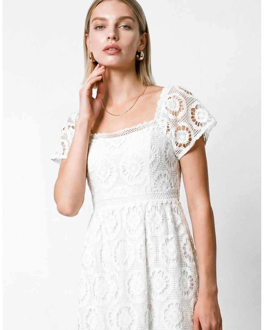Lovedrobe White Floral Lace Square Neck Short Sleeve Midaxi Dress