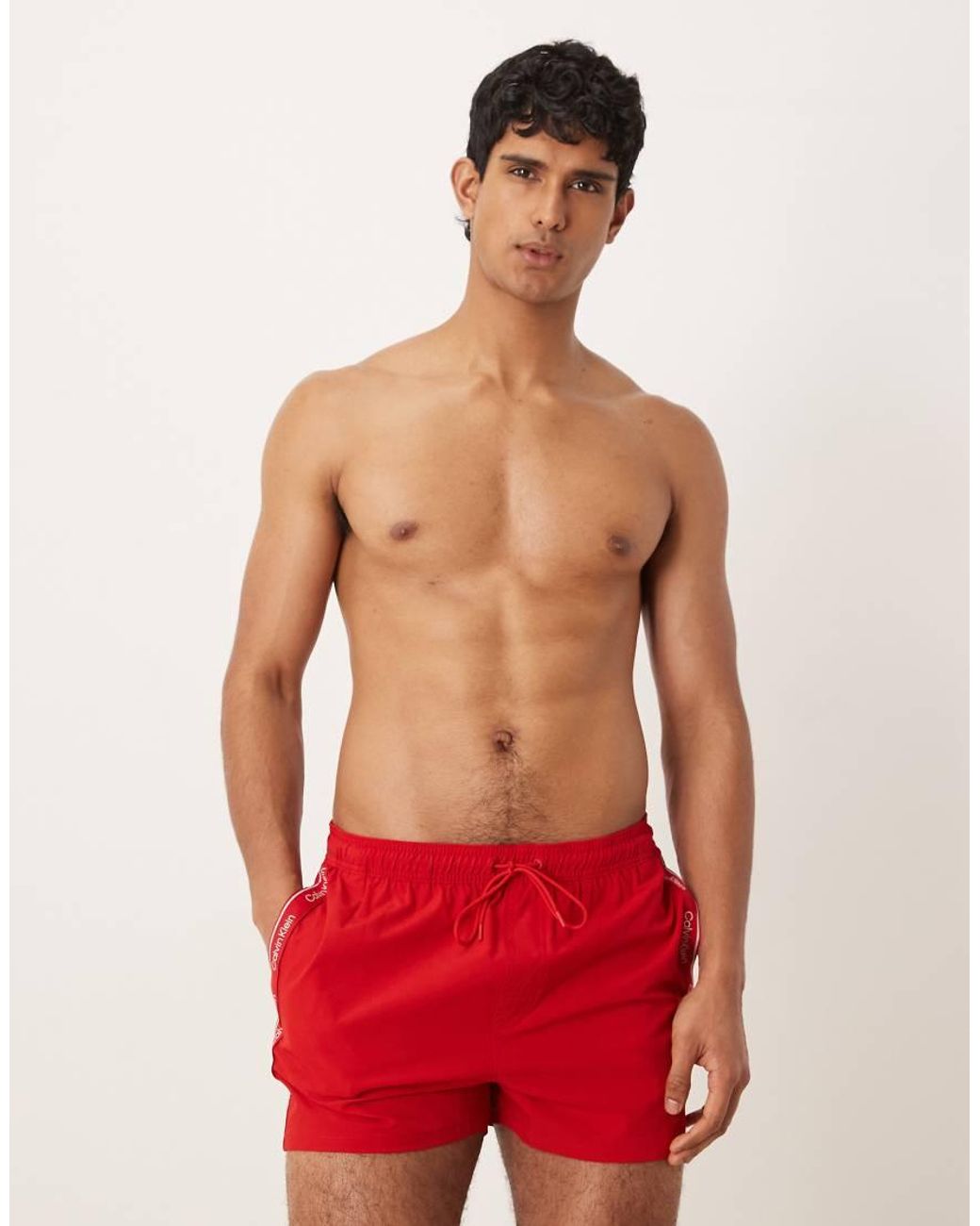 Calvin Klein Red Side Script Logo Drawstring Swim Shorts for men