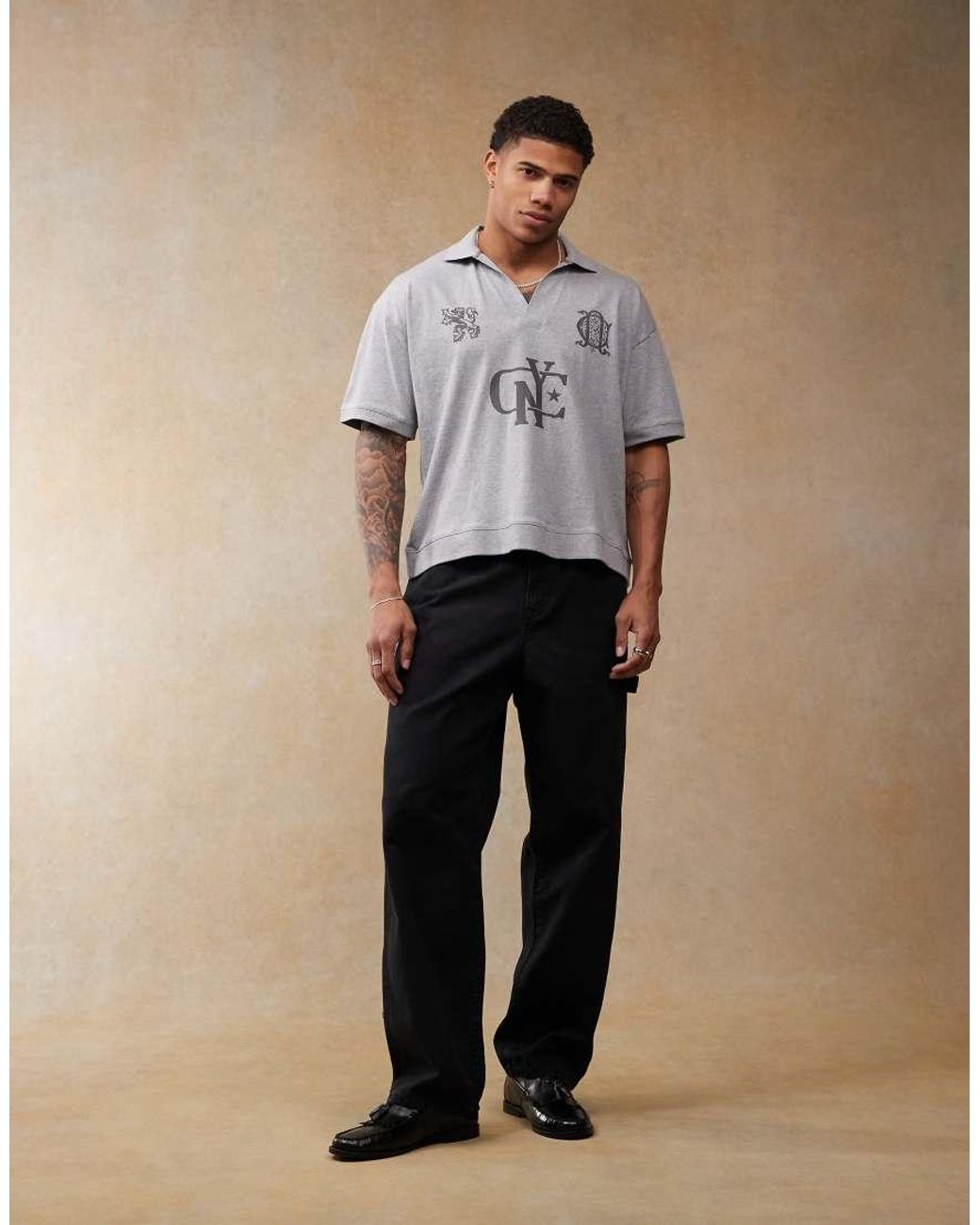 ASOS Gray Boxy Oversized Polo With Sports Graphics for men