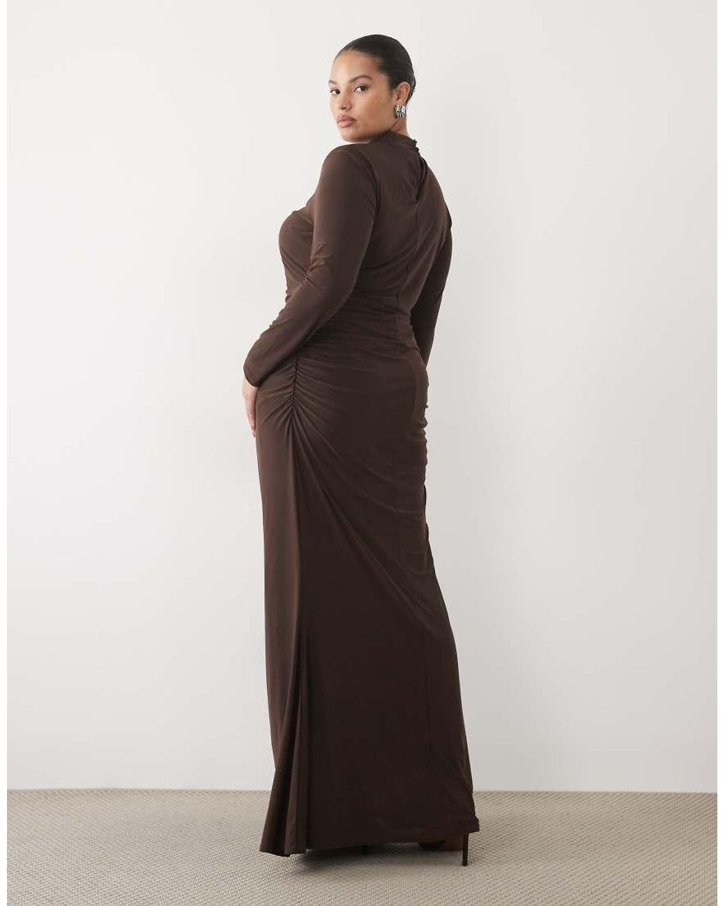 Tfnc Plus Brown Mesh High Neck Ruched Side Maxi Dress