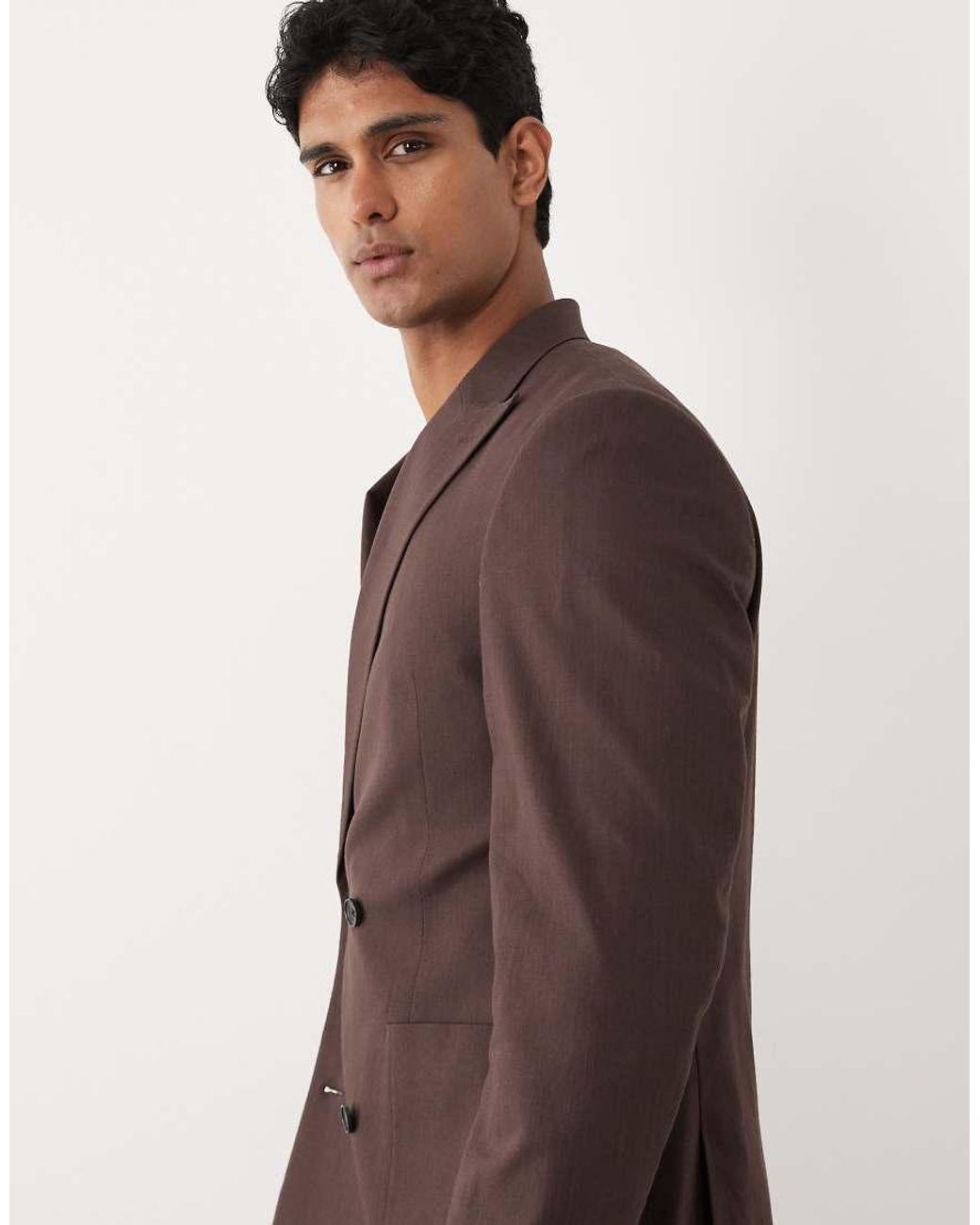 ASOS Brown 100% Cotton Linen Look Regular Fit Double Breasted Suit Blazer for men