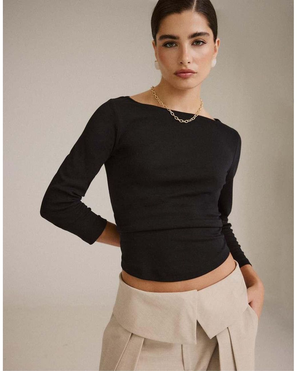 Stradivarius White Boat Neck 3/4 Sleeve T-shirt