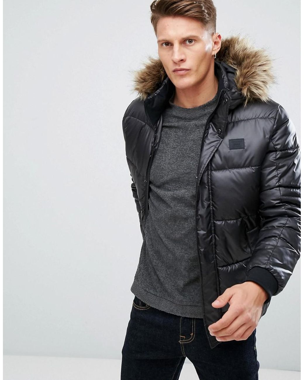 Jack & Jones Core Puffer Jacket With Faux Fur Hood in Black for Men | Lyst