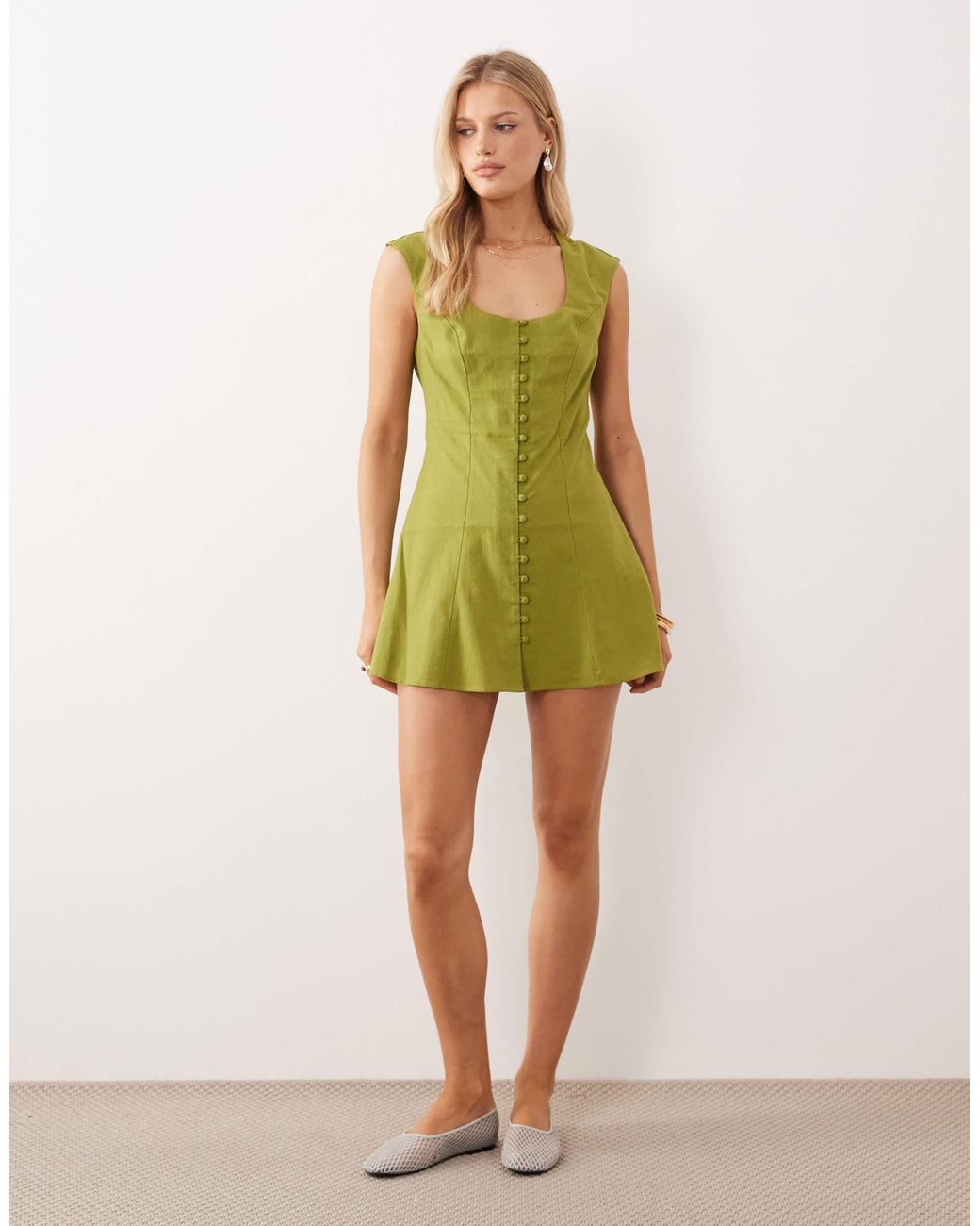 ASOS Green Square Neck Button Down Mini Sundress