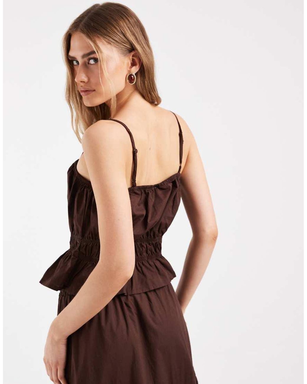 Pieces Brown Shirred Waist Cotton Poplin Cami Top