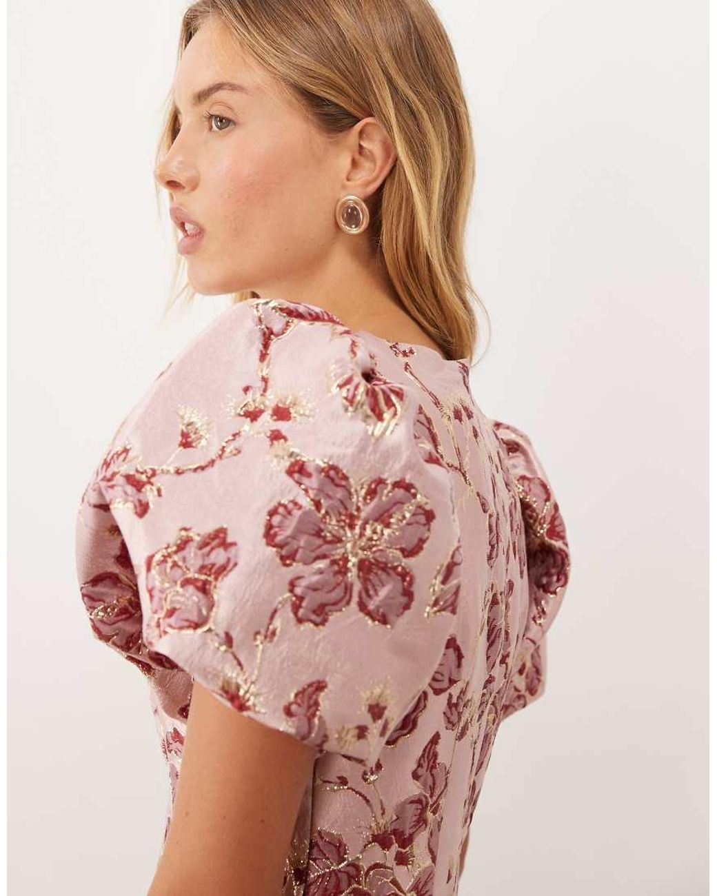 Sister Jane Red Quartz Jacquard Boat Neck Puff Sleeve Mini Dress