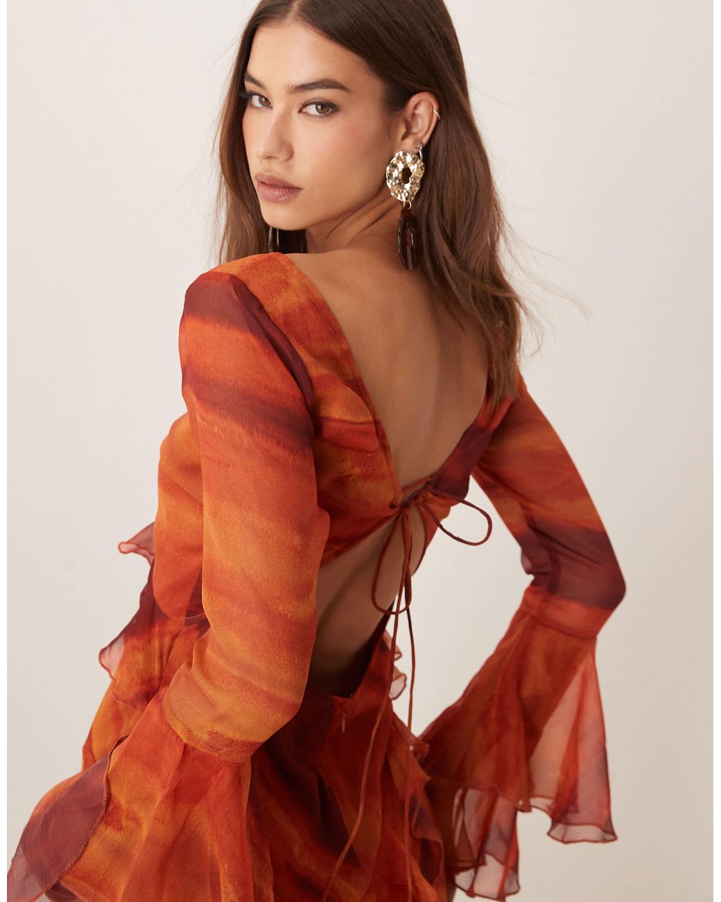 asos orange puff sleeve dress ASOS LUXE Sz 6 Orange Satin Ruffle Puff Sleeve One Shoulder Corset Mini Dress