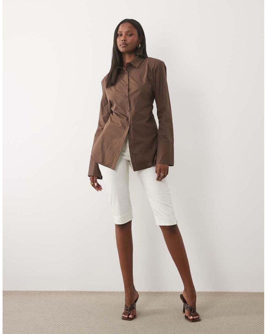 Kaiia Brown Exclusive Shoulder Pad Bow Tie Back Detail Striped Shirt