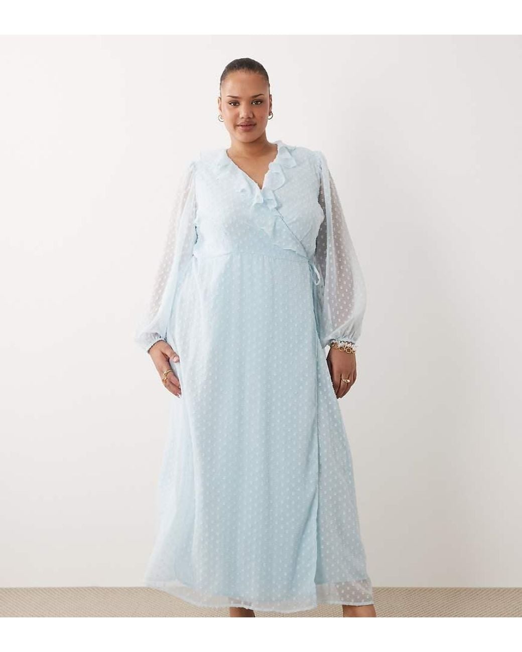 Vila Curve Blue Long Sleeved Dobby Chiffon Maxi Dress