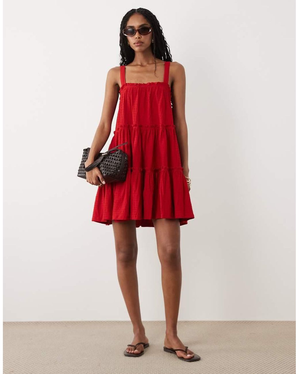 Miss Selfridge Red Tie Shoulder Tie Smock Mini Dress
