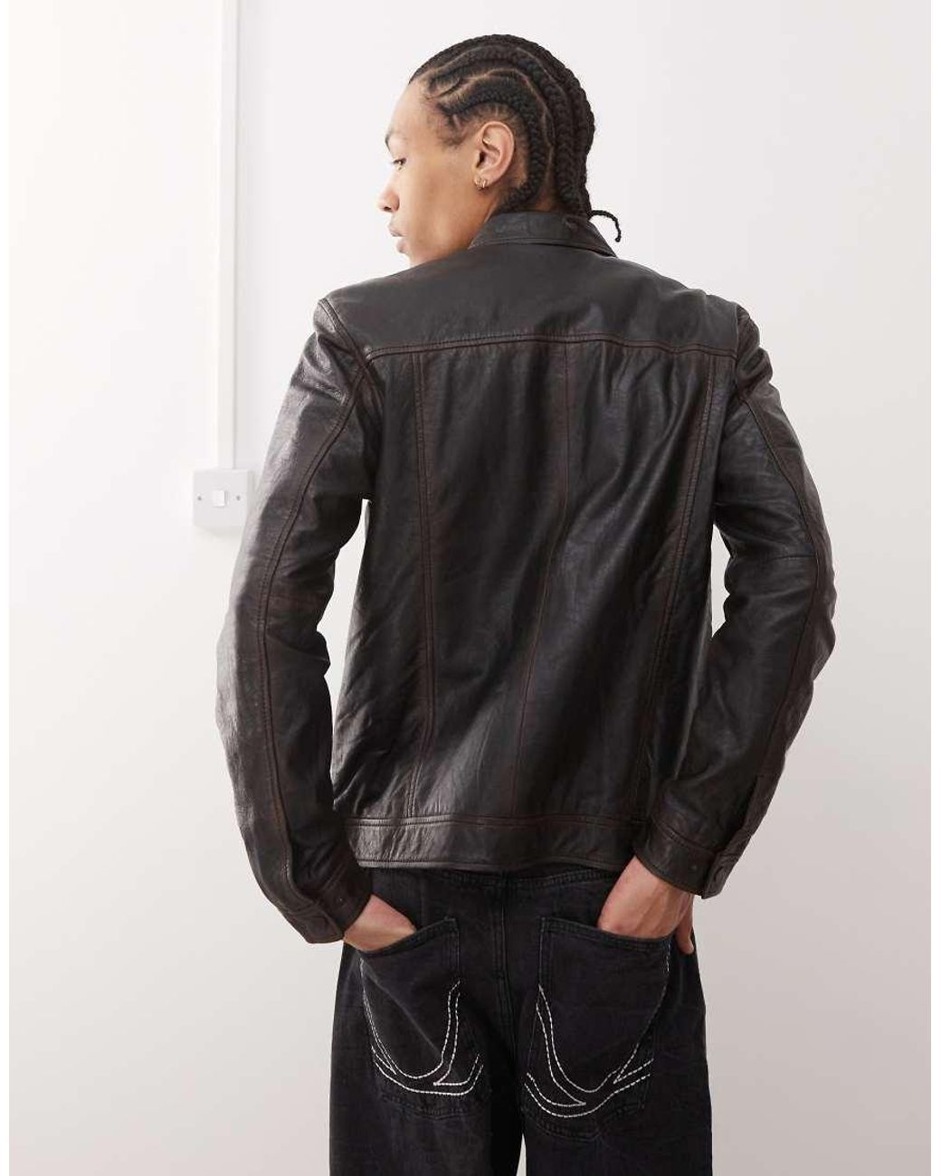 Barney's Originals Black Real Leather Harrington for men