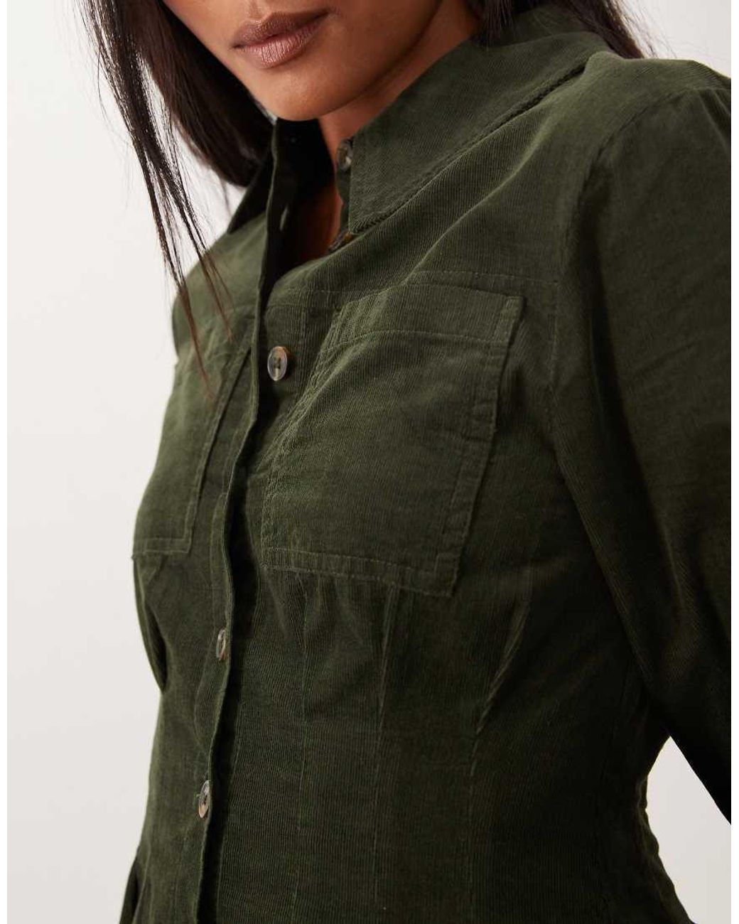 Nobody's Child Petite Green Montego Cord Button Through Pocket Detail Shirt Mini Dress