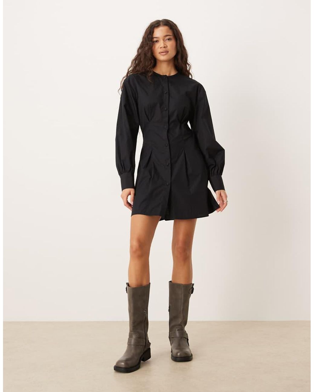 ASOS Black Round Neck Button Through Waisted Mini Dress