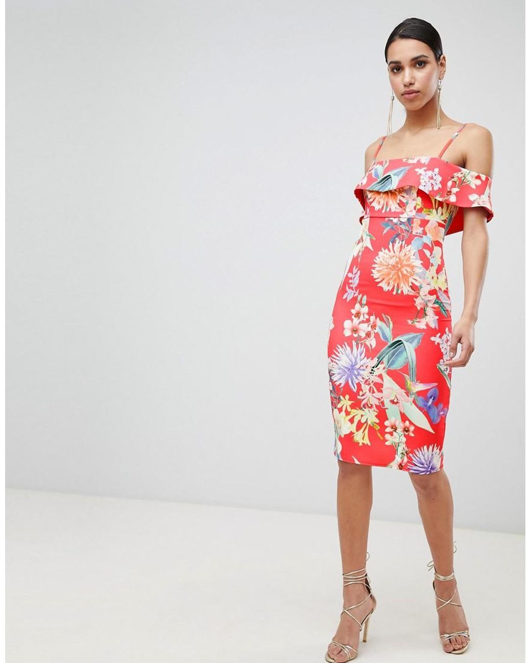 Lipsy Printed Bardot Bodycon Dress in Red Lyst UK