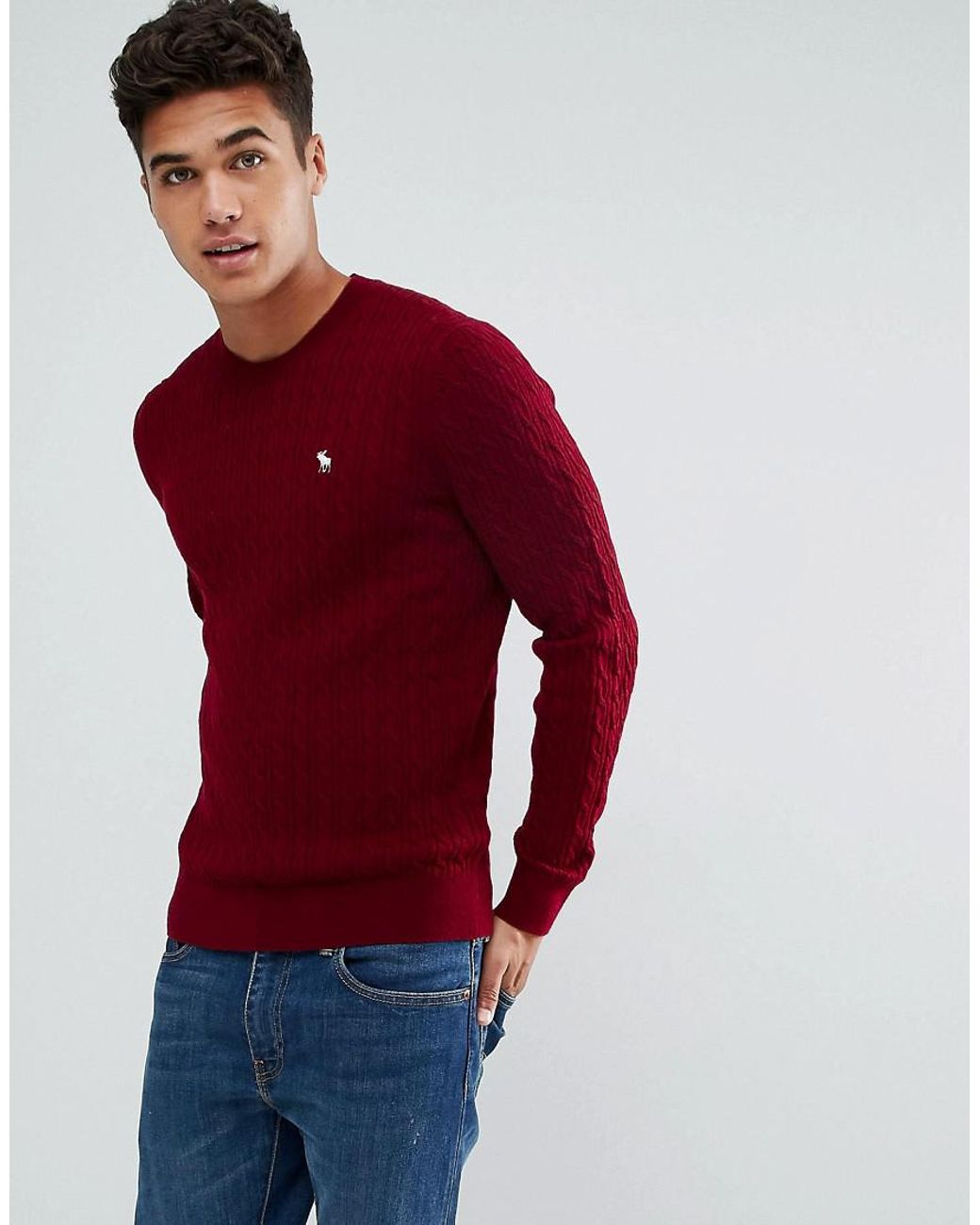 Abercrombie & Fitch Preppy Cable Knit Jumper Moose Logo In Burgundy in Red  for Men | Lyst